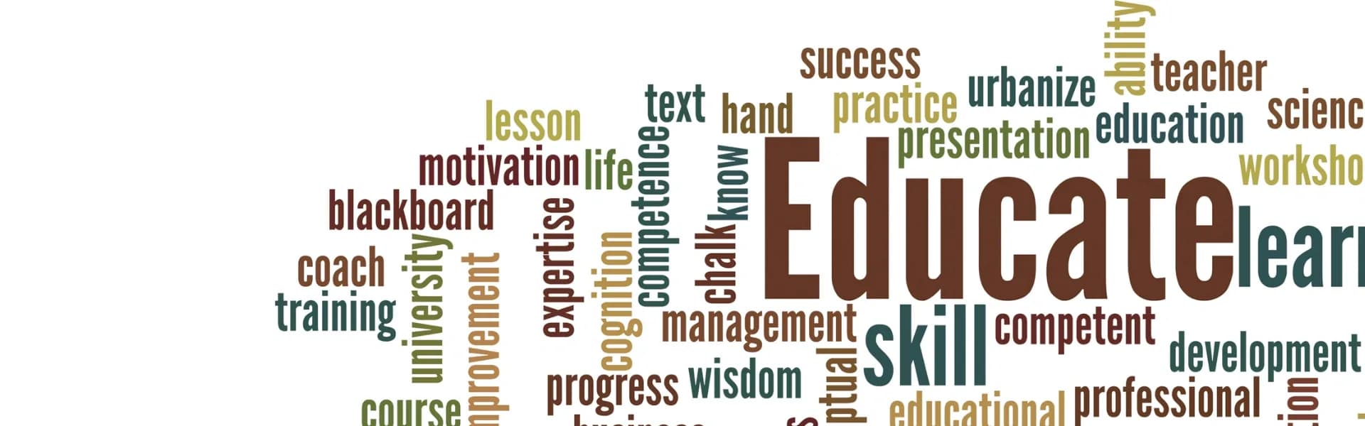 Word cloud featuring education-related terms including educate, learn, skill, training, teacher and development, representing education franchise opportunities in the UK.
