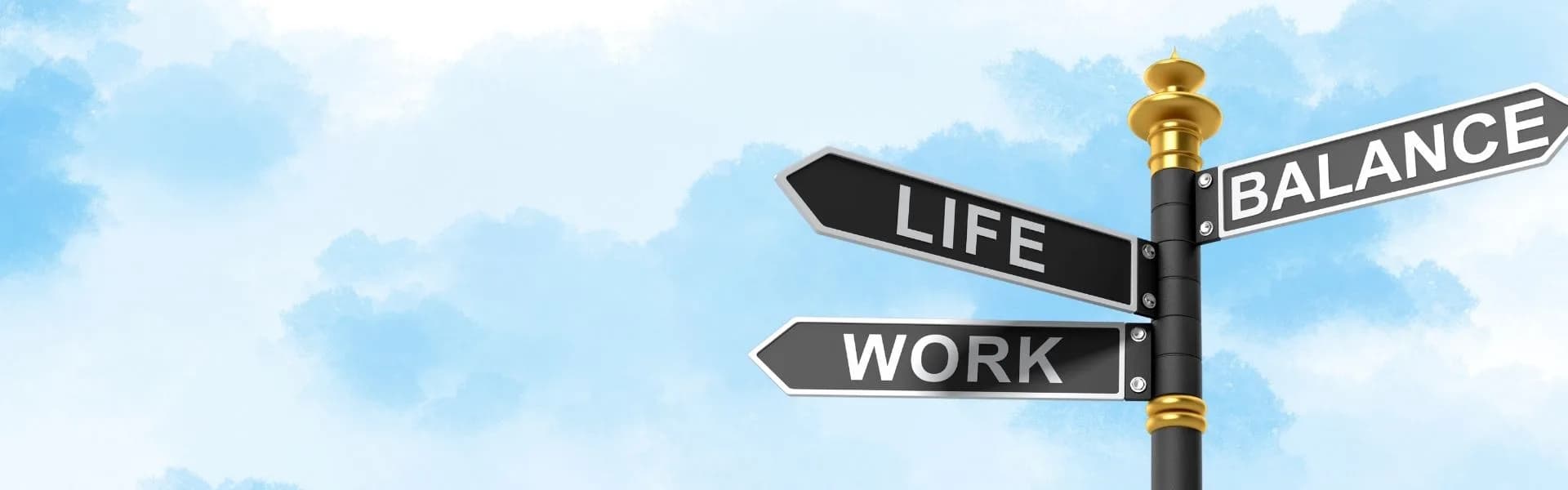 Signpost with arrows pointing to "Life", "Work" and "Balance" against a blue sky with clouds, representing flexible franchise opportunities in the UK.