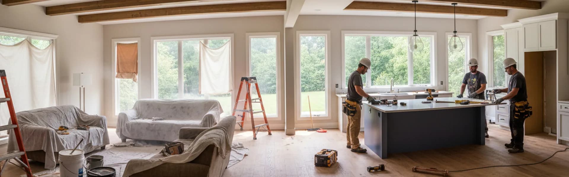 Tradesmen in hard hats renovating a bright open-plan kitchen and living room with ladders, tools and dust sheets, representing home improvement franchise opportunities in the UK.