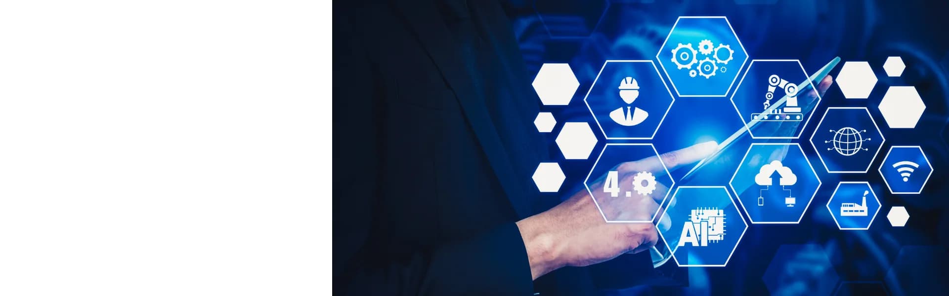 Businessman using a tablet with a digital interface of hexagonal icons showing AI, cloud computing, automation and Industry 4.0, representing technology franchise opportunities in the UK.