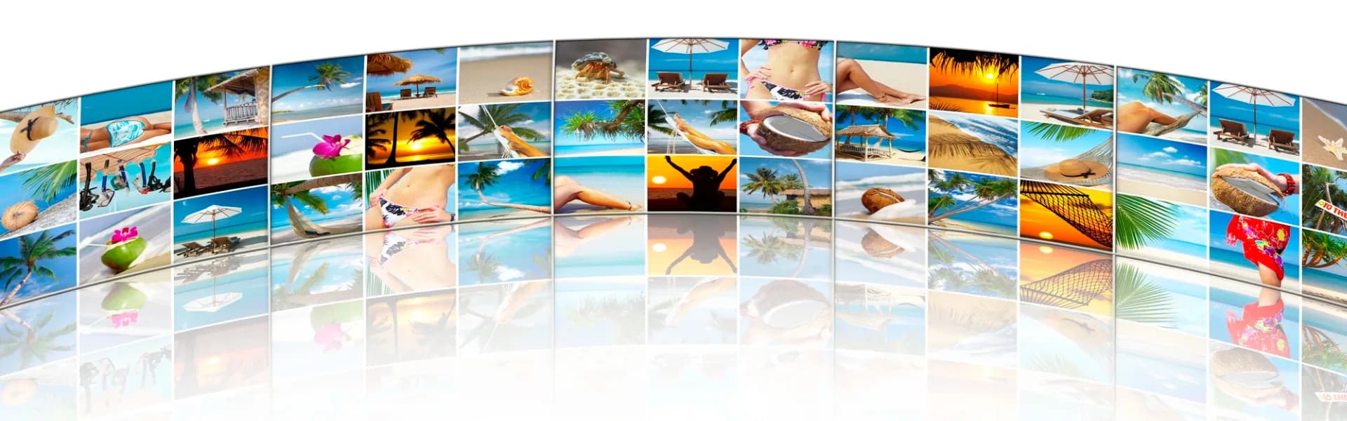 Curved video wall display showing a collage of tropical beach holiday scenes with palm trees, hammocks, sunsets and sunbathers, representing travel and leisure franchise opportunities in the UK.