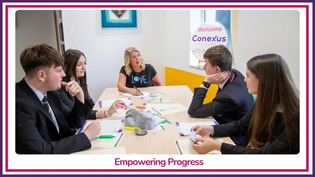 A Conexus Tuition tutor leading a small-group session with four secondary-age students around a table beneath a 'Welcome to Conexus' wall display, captioned 'Empowering Progress'