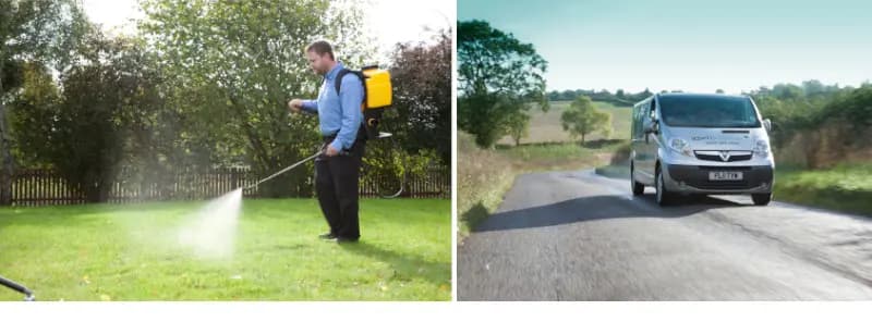 Lawnscience franchise technician applying lawn treatment with branded service van