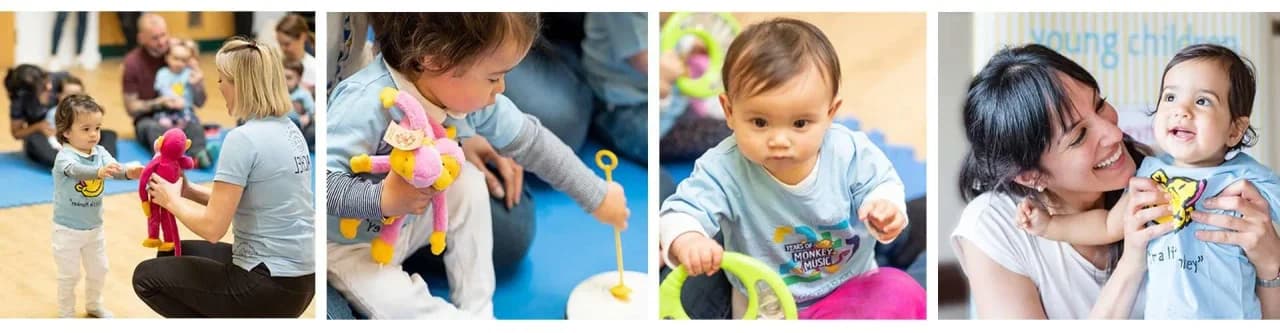 Four-panel collage of Monkey Music class moments - a toddler reaching for a pink monkey toy with a teacher, a child playing maracas with a pink giraffe toy, a baby exploring a green musical egg shaker, and a mother snuggling her baby in a Monkey Music tee