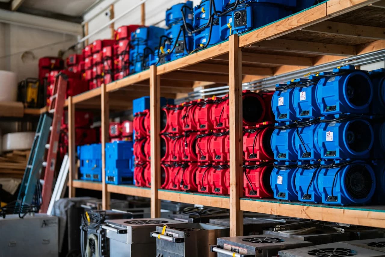 Warehouse shelving stacked with red and blue Rainbow Restoration drying equipment - air movers, dehumidifiers and HEPA filters - ready for deployment to UK property restoration jobs