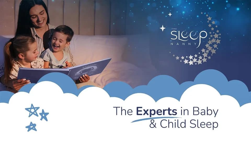 The Sleep Nanny brand visual showing a mother in pyjamas reading a bedtime story to her two laughing children in a softly lit bedroom, with the Sleep Nanny moon-and-stars logo and tagline 'The Experts in Baby & Child Sleep' on stylised cloud graphics in the foreground
