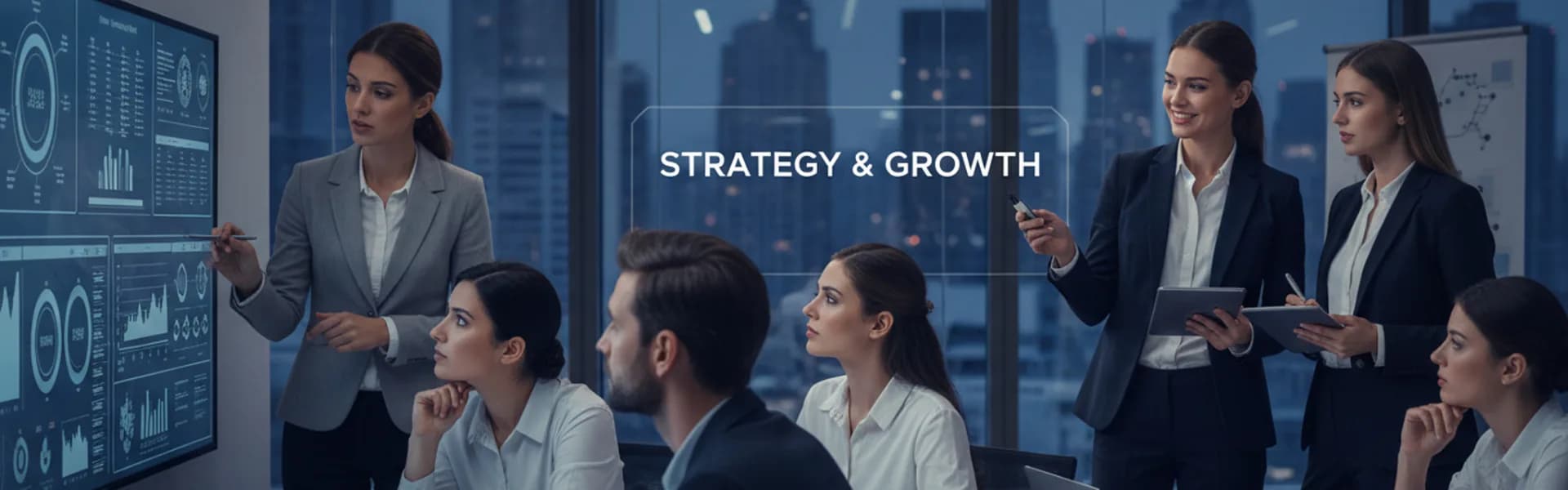 Business consulting franchise professionals analysing strategy and financial growth in a modern office setting