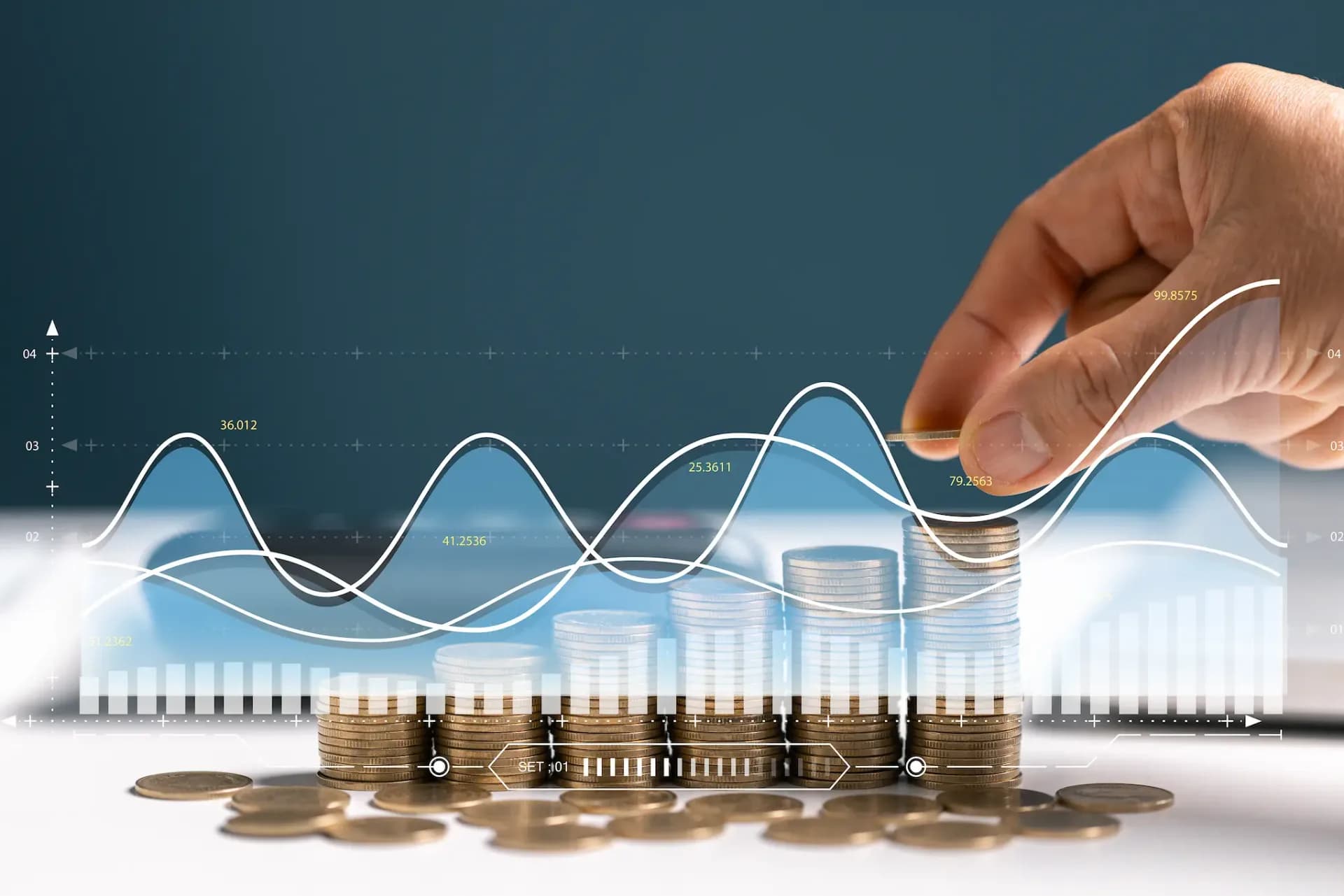 Franchise investment growth concept showing stacked coins and financial performance chart