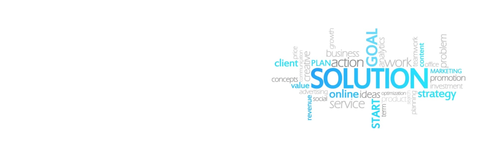 Word cloud featuring business terms including solution, strategy, marketing, goal and client in blue and grey, representing professional services franchise opportunities in the UK.