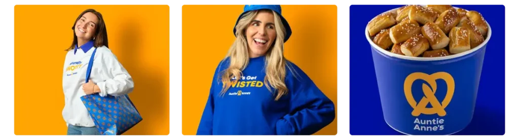 Auntie Anne’s franchise branding with staff in merch and bucket of pretzel bites