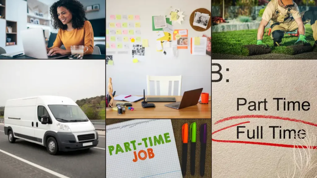 Collage showing different UK franchise lifestyle types including home-based, van-based, part-time, flexible, and outdoor working environments.