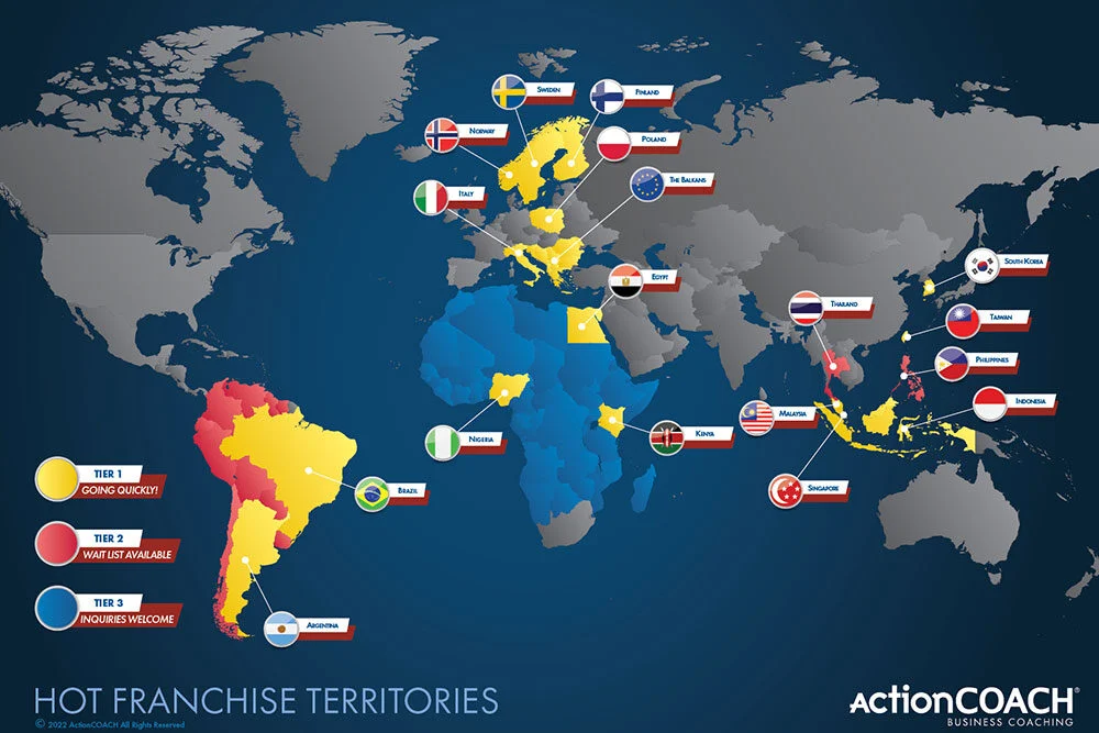 ActionCOACH Franchise global map highlighting hot territories and international opportunities