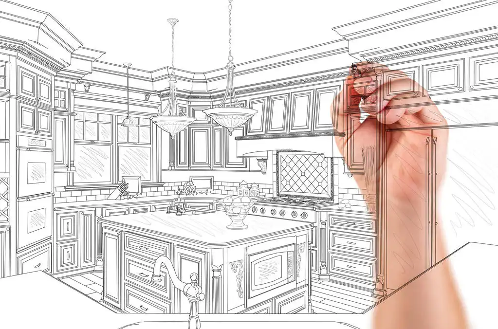 Hand drawing a custom kitchen design concept for Kitchen Makeovers Franchise